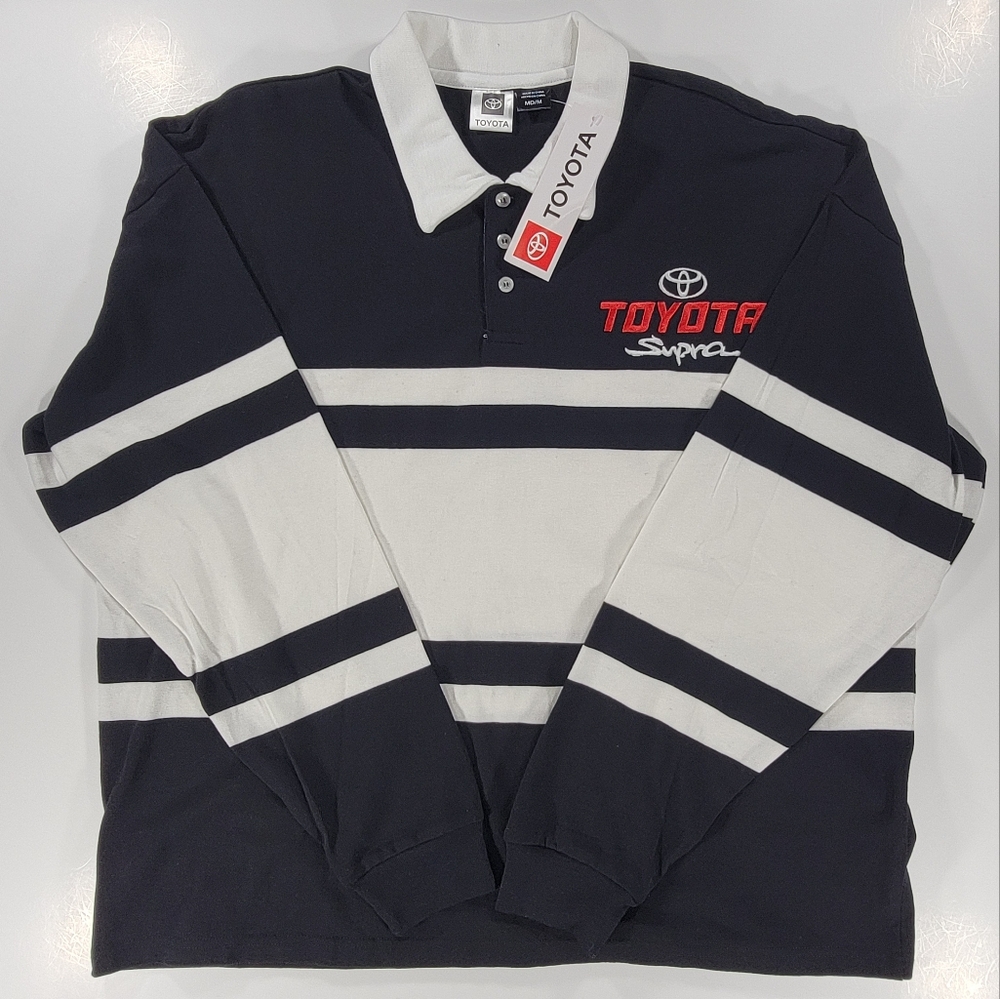 Toyota Supra Rugby Striped Polo Shirt Men's Medium Black White Long Sleeve NWT